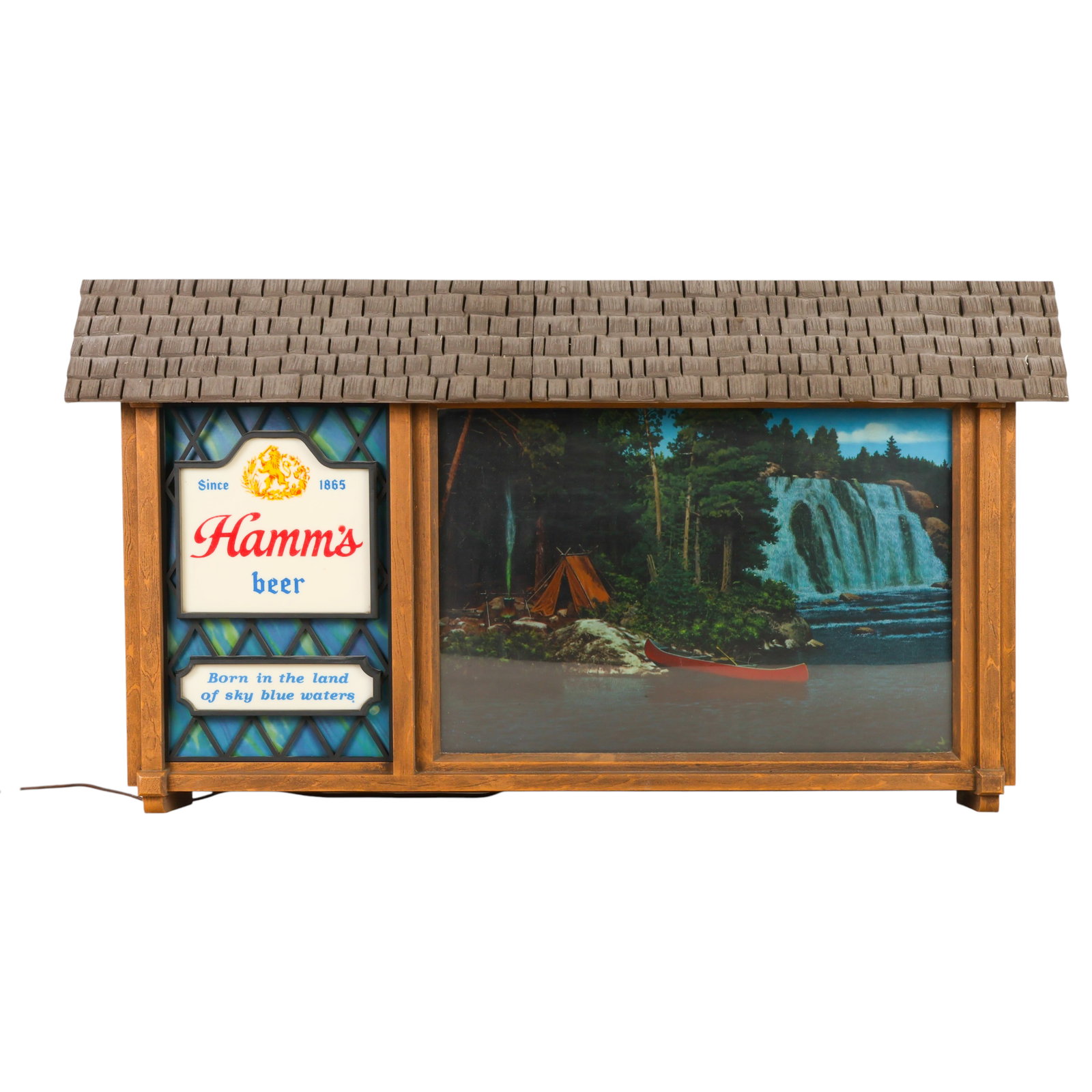 Vintage Hamm's Motion and Heileman's Beer Sign LOT: Lot of two vintage illuminated beer advertising signs including a Hamm's motion waterfall sign with simulated moving water scene and illuminated "Hamm's Beer" panel, and a double-sided Heileman's Spec