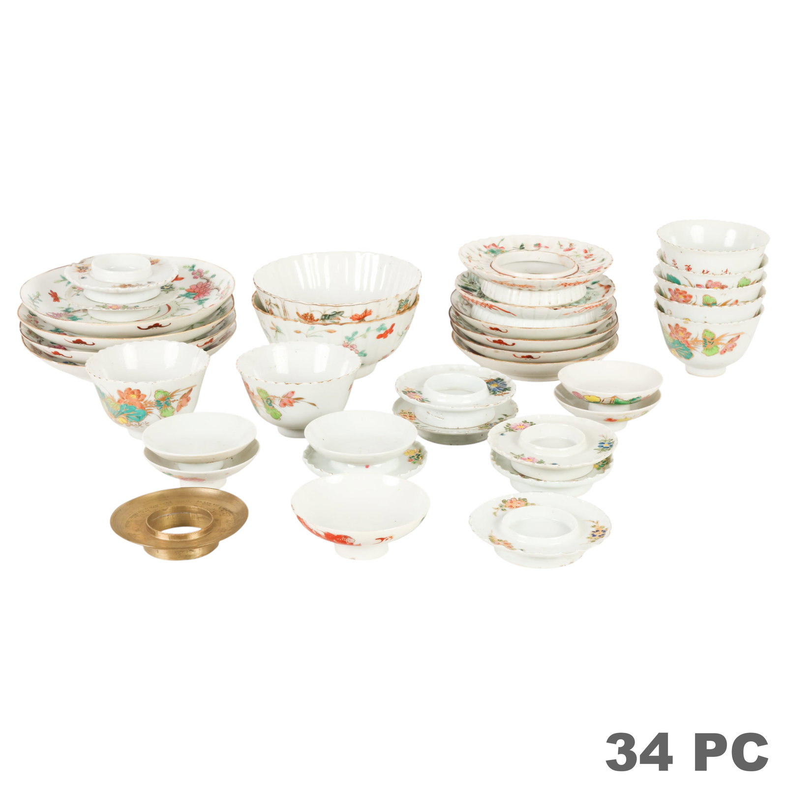 Chinese Export Porcelain Partial 34pc Tea Service: Lot of 34 Chinese export porcelain tea service pieces decorated with hand-painted floral and botanical motifs in famille rose enamels with gilt accents. Comprising four plates (7 in.), two serving bow
