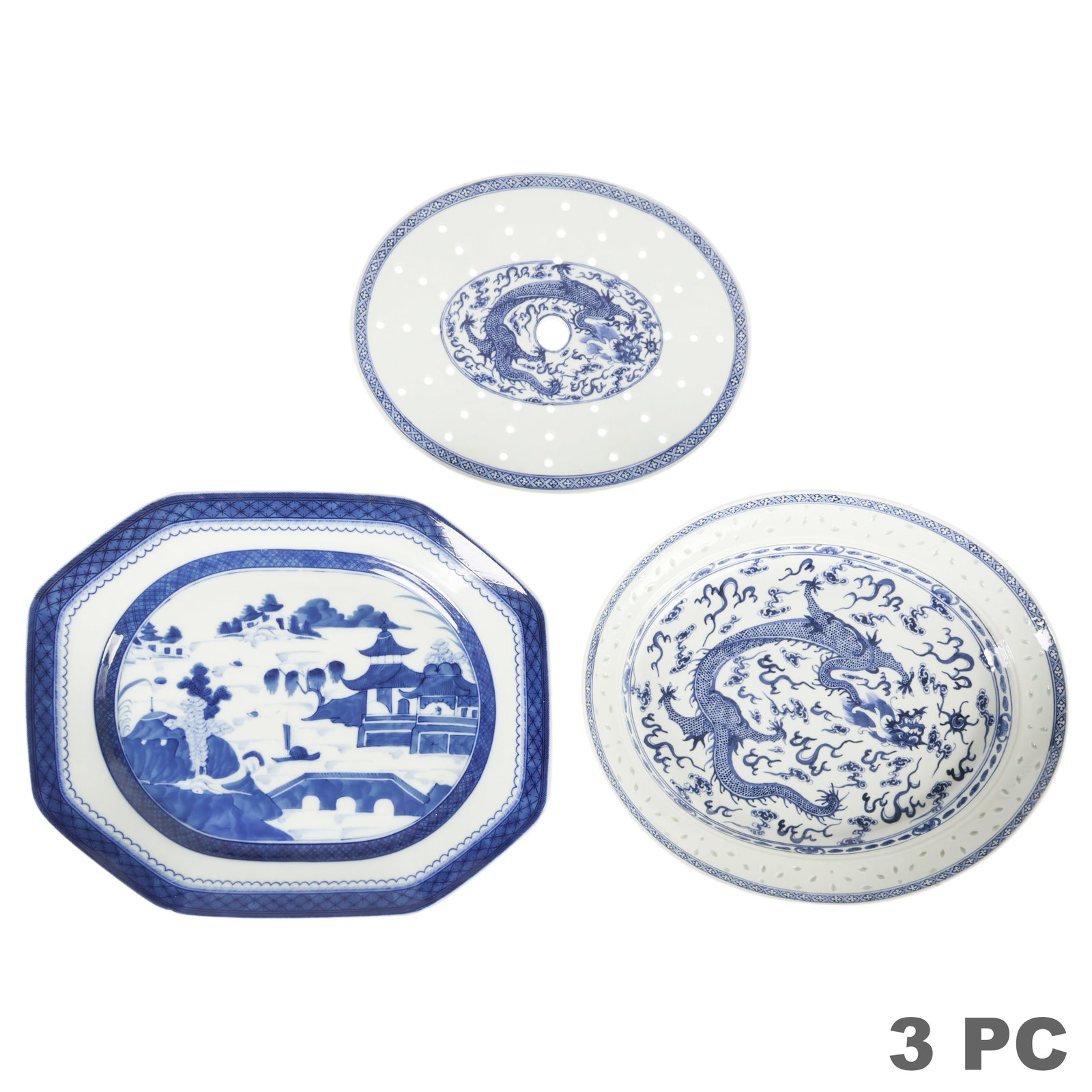 Chinese Canton Blue and White Platters 3pc LOT (1 of 6)