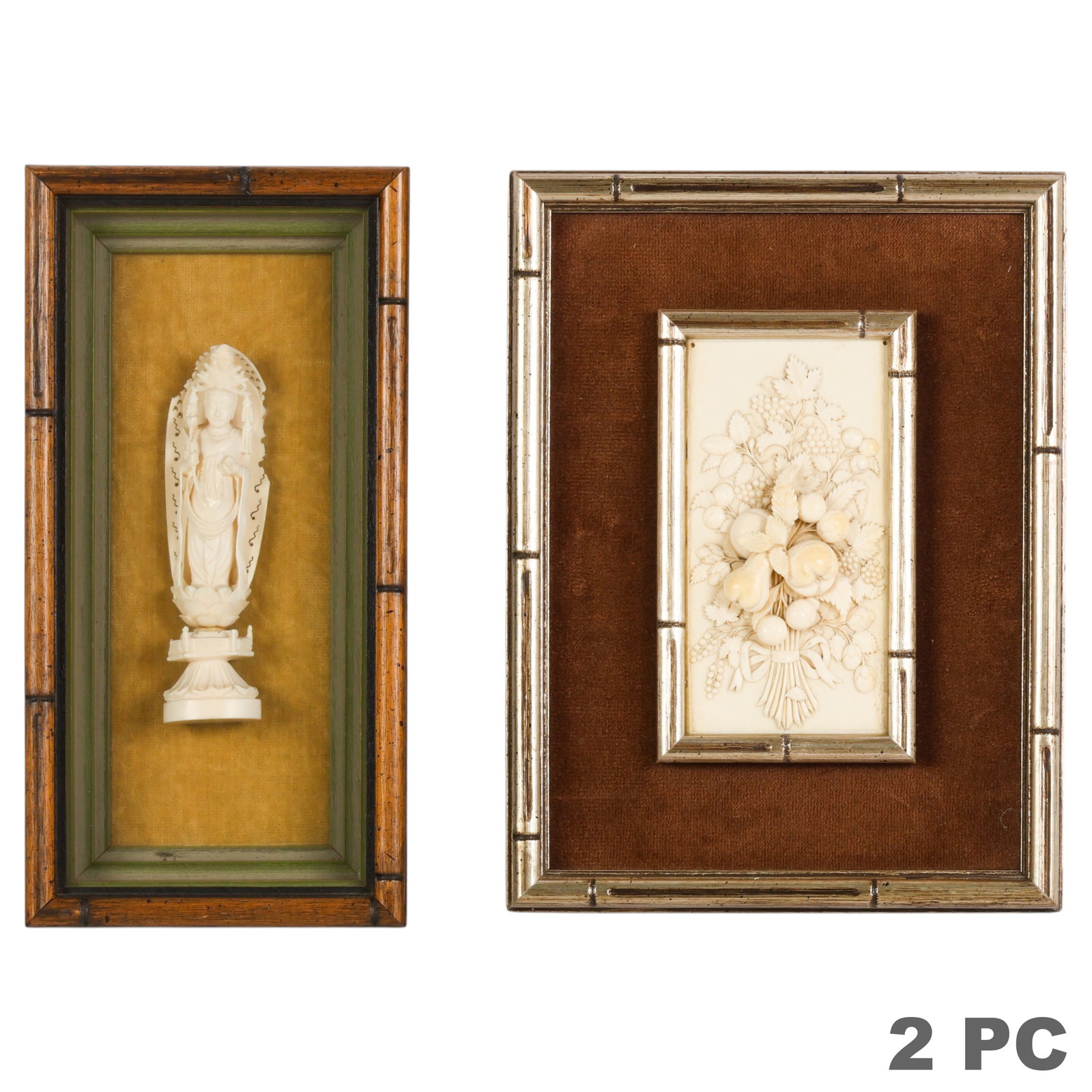 Chinese Carved Foliate Relief and Deity Figure LOT: Two Chinese Asian art carvings both executed in organic material, comprising a fruit and foliate relief plaque depicting pears, berries, leaves, and tied wheat sheaves, and a carved Chinese standing G