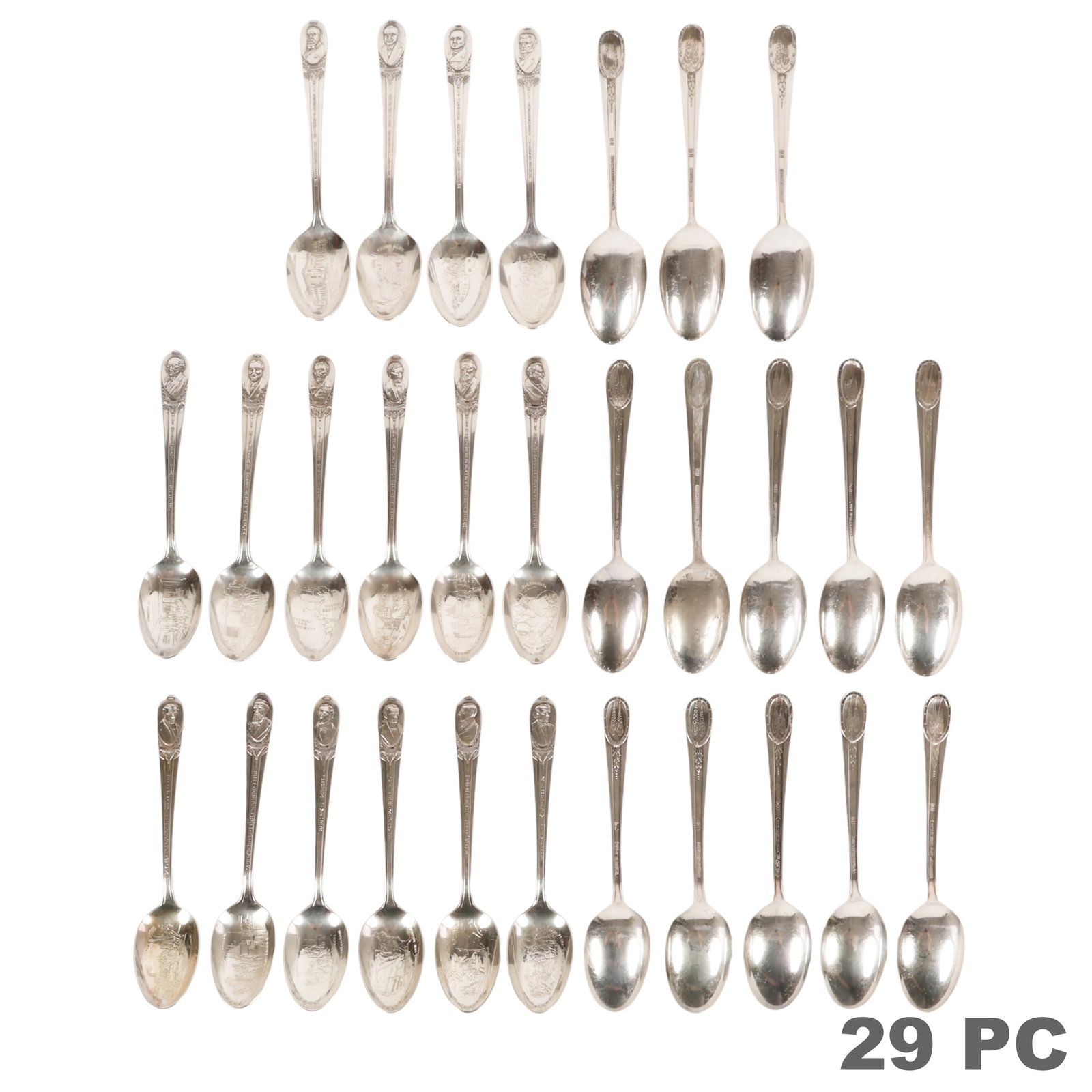 Wm Rogers Plated Presidential Souvenir Spoon 29pc: 29-piece set of silver-plated Americana collectible commemorative presidential souvenir spoons manufactured by Wm. Rogers Mfg. Co., each featuring a relief portrait of a United States President to the