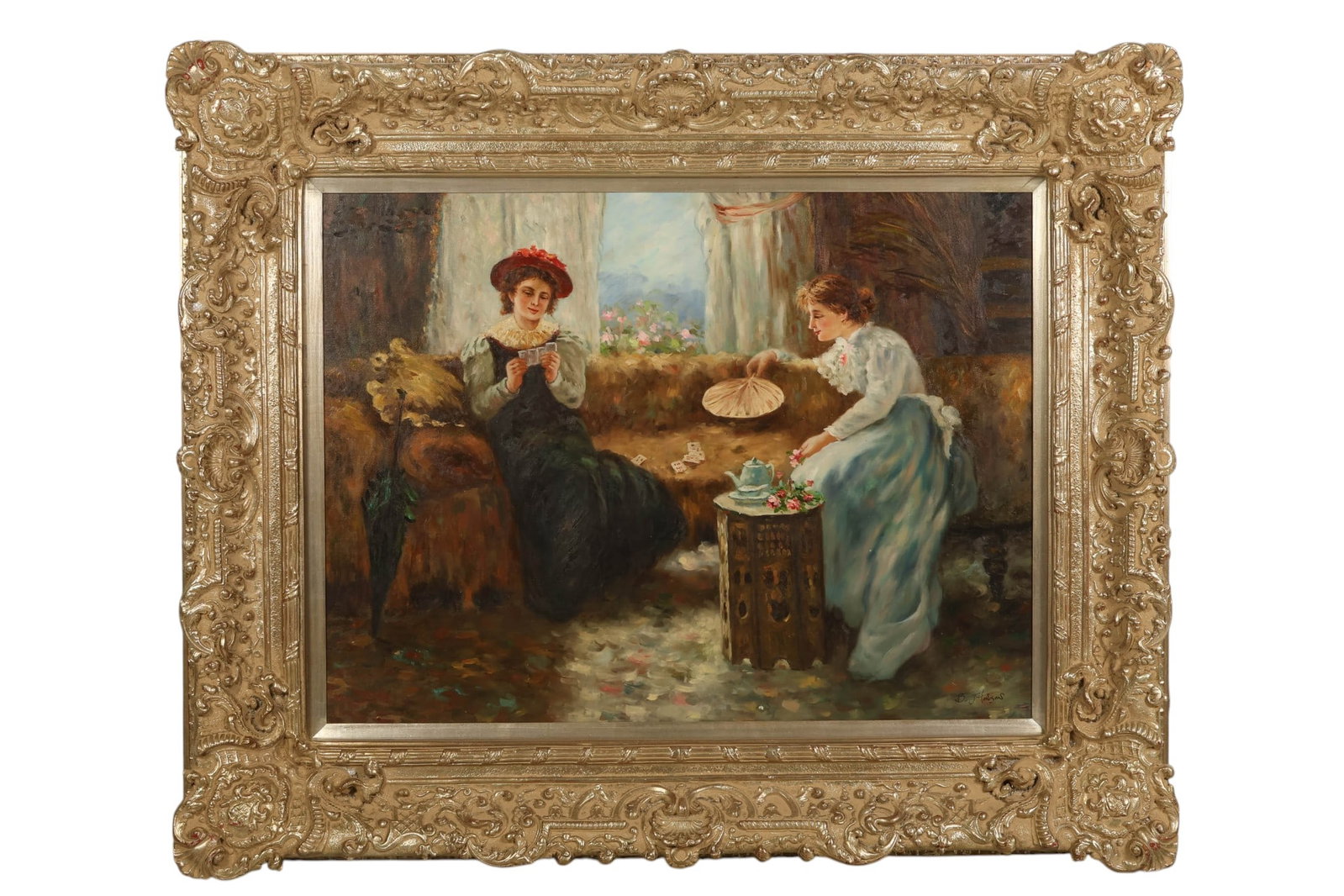 B.Johnson 20C Figural Tea Time Interior Painting: B. Johnson (20th-21st century), oil painting on canvas depicting a figural interior genre scene with two elegantly dressed women seated in a refined parlor setting, engaged in a card game beside a sma
