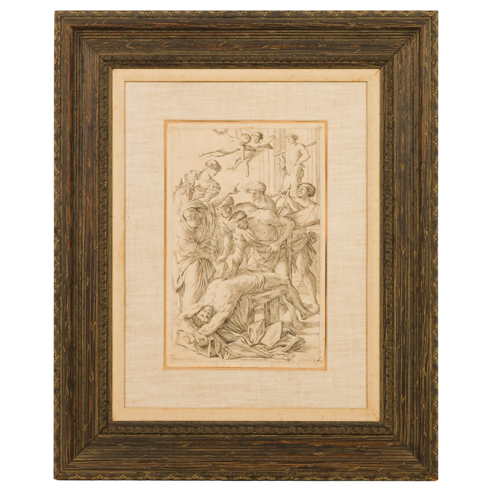 Martyrdom of St. Erasmus Etching after Poussin: After Nicolas Poussin (French, 1594-1665), The Martyrdom of Saint Erasmus, antique European Old Master etching engraved by Michel Lasne (French, 1590-1667) and published by Arnold van Westerhout (Dutc