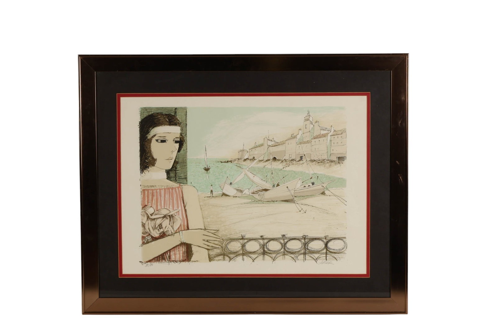 Charles Levier 1920-2003 Color Lithograph SIGNED: Charles Levier, Color lithographic print on paper depicting a coastal harbor scene with sailboats resting along the shoreline, figures in the foreground, and architectural buildings in the distance. P