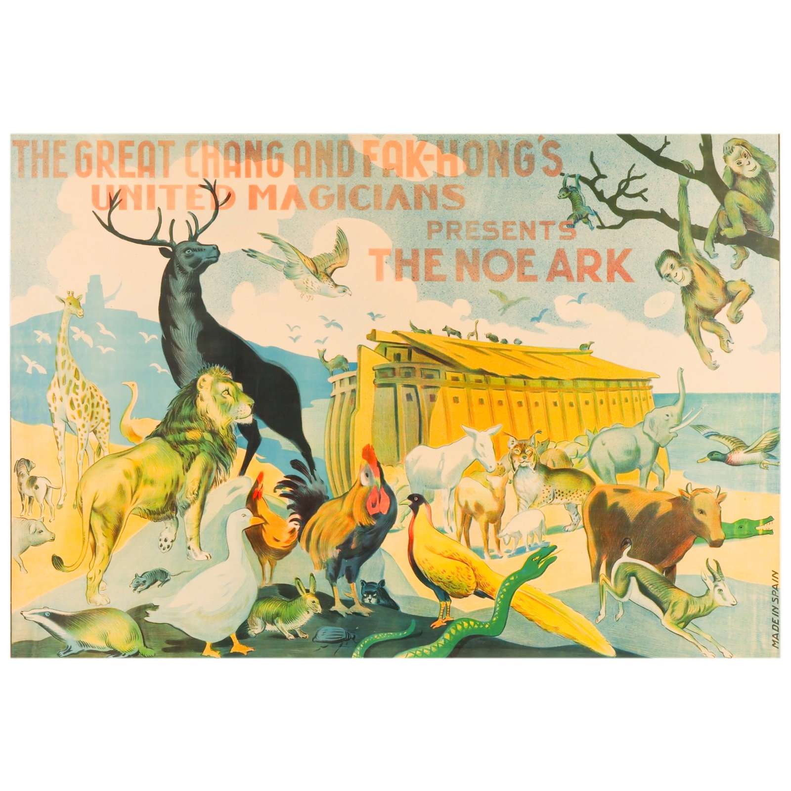 Great Chang Fak Hong Noah's Ark Advertising Poster: Vintage color lithograph advertising poster on paper for The Great Chang and Fak-Hongs United Magicians, featuring the spectacle attraction The Noe Ark (Noahs Ark). The horizontal composition depicts 