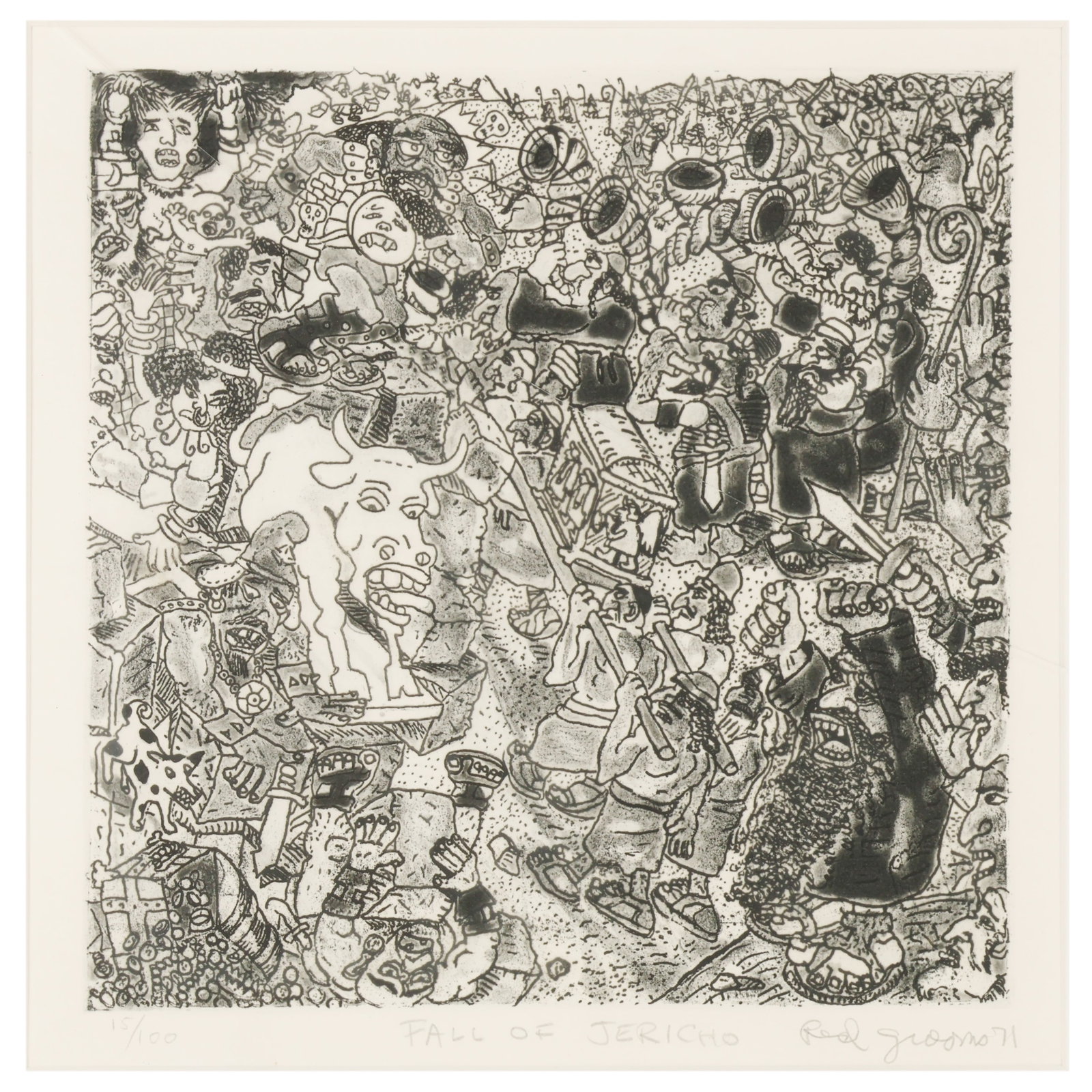 Red Grooms b.1937 Fall of Jericho Etching SIGNED: Red Grooms (American, born 1937), Fall of Jericho, 1971, etching and aquatint on paper. The composition presents a dynamic monotone scene depicting expressive figures with intricate linework and energ