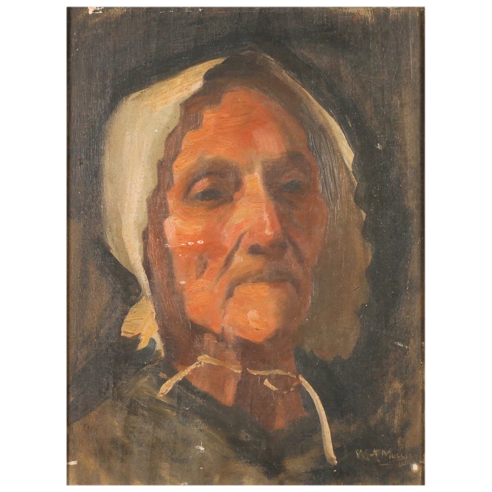 Antique 19C Old Lady in a Bonnet Portrait Painting: Antique oil painting on wood panel depicting a portrait of an elderly woman wearing a white bonnet. Artist signature present lower right. Presented in a black-painted period frame with gilt liner. Wor