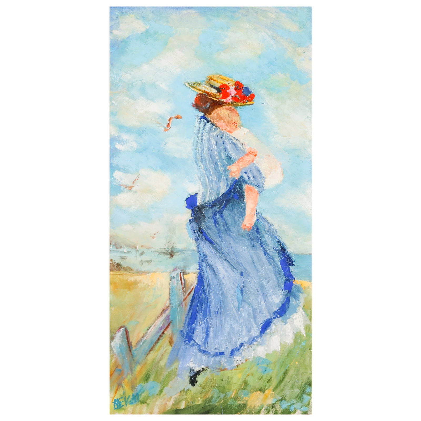 Mary Beich 1917-2002 Waiting For Father Painting: Mary Beich (American, 1917-2002), Waiting For Father, oil on canvas depicting a woman carrying a child along a coastal path with seabirds overhead. Rendered in the artist's characteristic palette with