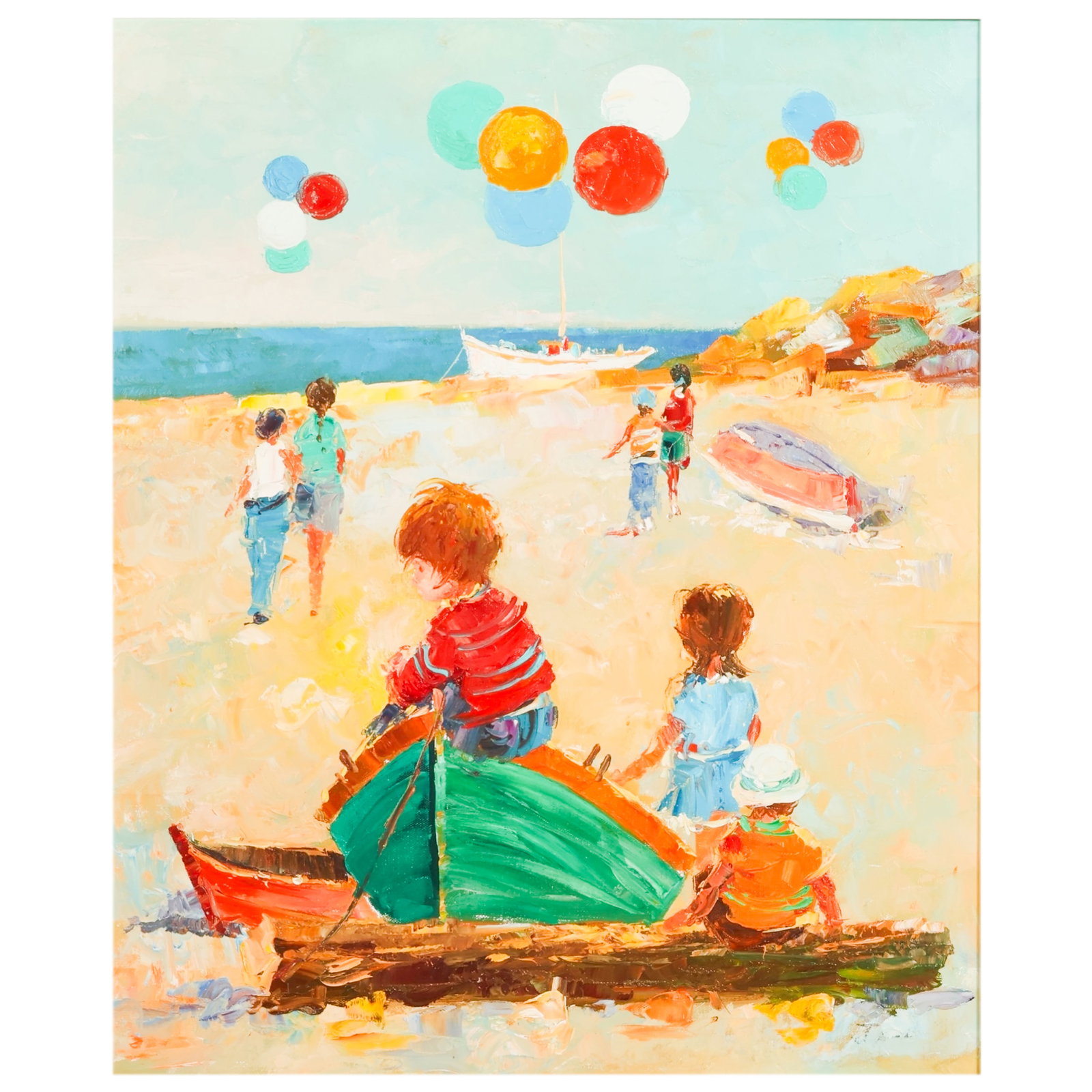 Janos 20C Children on Beach with Balloons Painting: Janos (American, 20th Century), oil on canvas painting depicting children gathered along a beach with rowboats, sailboats, shoreline outcroppings, and clusters of balloons floating overhead. Executed 