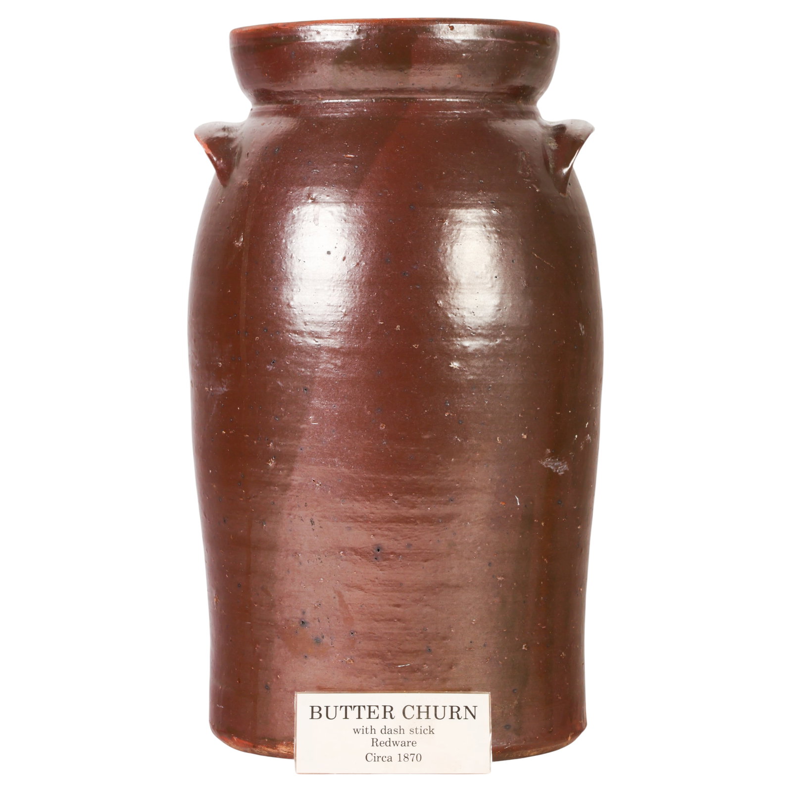 Antique 1870 American Glazed Redware Butter Churn: Antique American redware butter churn, circa 1870, featuring a cylindrical form with applied lug handles and a manganese-brown glaze. Retains its fitted lid with central opening and accompanying woode