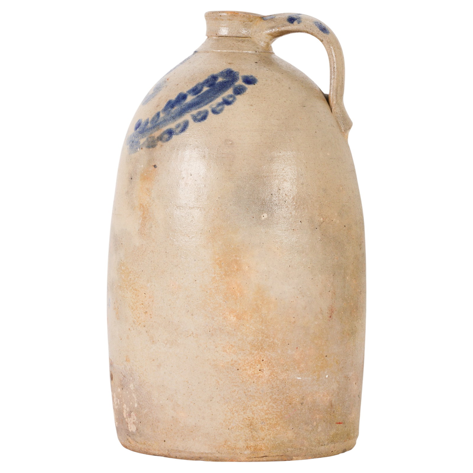 Antique American Stoneware Cobalt Decorated Jug: Antique American salt-glazed stoneware jug featuring an ovoid form with an applied strap handle and hand-painted cobalt blue decoration. The shoulder is decorated with the numeral "2" and foliate flor