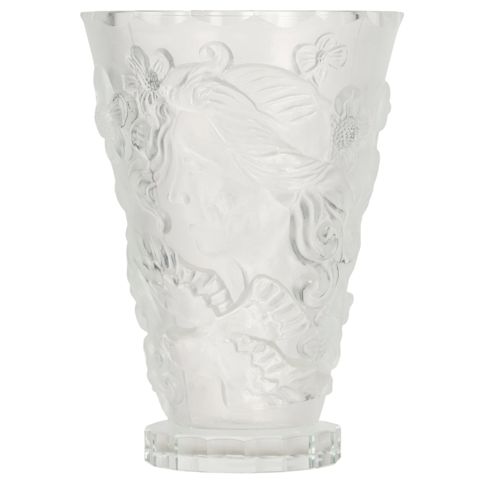 Clear Glass Tapered Foliate Vase after Lalique: Clear and frosted glass vase after Lalique, of tapered form with a scalloped rim and faceted base, decorated in relief with continuous foliate scrolls and floral blossoms. Bears an etched pseudo-maker
