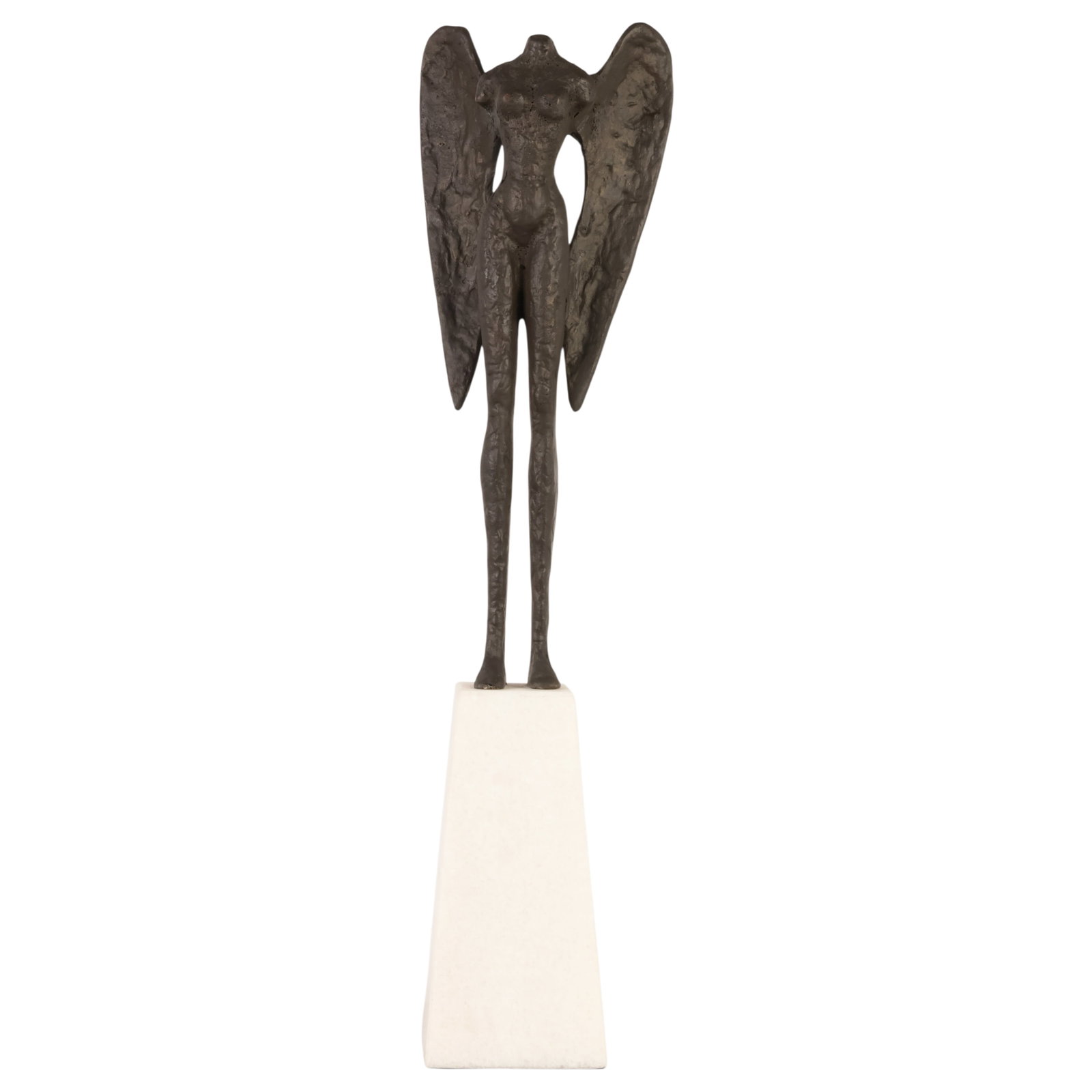 Winged Nude Female Torso Modern Bronzed Sculpture: Modern cast bronzed composition sculpture depicting a stylized winged female figure with elongated proportions and a textured surface, mounted on a tapered white stone pedestal base. Executed in a dar