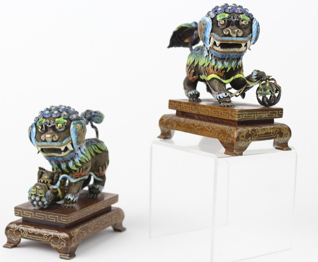 Pair of Chinese Wire Silver Filigree Enamel Foo Dogs: Pair Of Chinese Silver & Enamel Foo Dogs Mounted On Brass Inlay Wood Stands. Outstanding Detail With Fine Enamel Work throughout. Each Measures Approximately 4" x 4". In House US Shipping $30 USD Plus