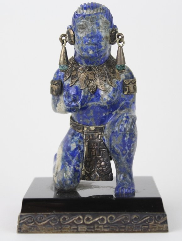 TAXCO Sterling Silver Blue Lapis Lazuli Kneeling Statue: Vintage hand carved Lapis Lazuli statue of a Priestess. Mounted to a black onyx base with sterling silver trimmings. Small Malachite gemstones set in earrings. Measures 4 1/8" x 2 5/8" . In House USA 