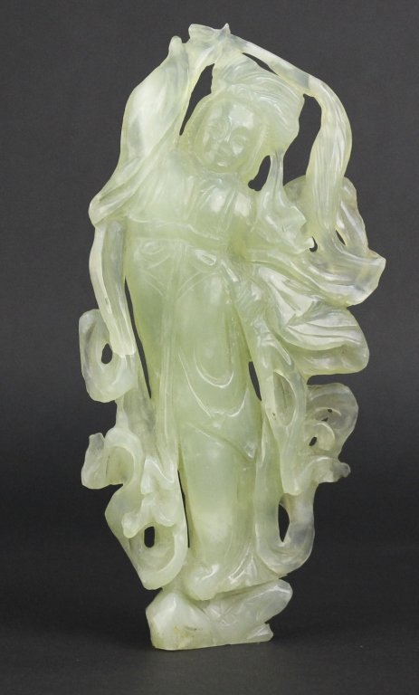 Chinese Carved Celadon Green Jade Quan Yin 7" Statue: Vintage Chinese carved jade statue of Quan Yin. Crafted in celadon green jade. Depicts a Chinese lady in long flowing robes. Measures 7 7/8" x 3 7/8" . In House USA Shipping $30 USD Plus Insurance