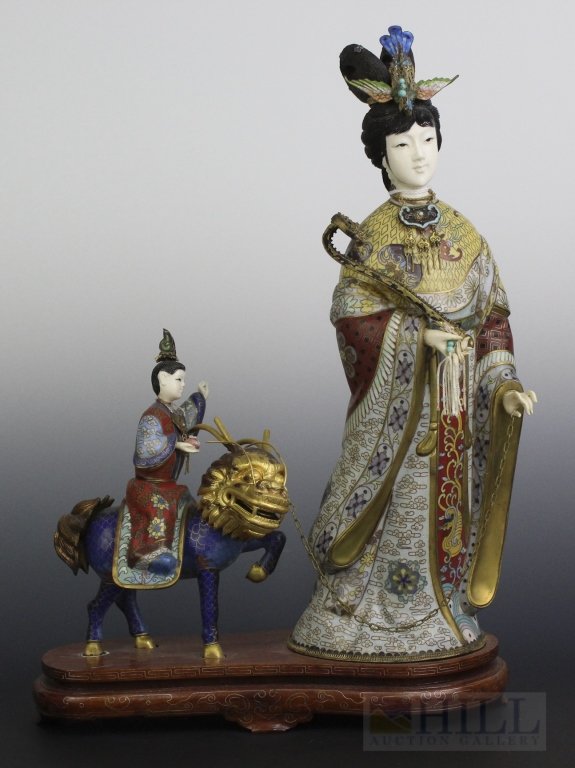 VTG Chinese Beauty Cloisonne Enamel Double Statue: Vintage Chinese Beauty statue. Crafted out of Cloisonne enamel. Double figure statue features a Kwan Yin type female. She wears a fine wire filigree enameled gilt silver Phoenix headress, necklace, an