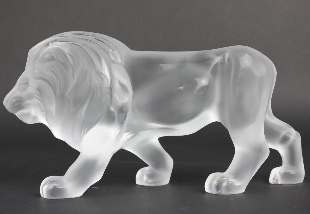 Lalique France Regulus Lion Cat Crystal 11" Figurine: Lalique "Regulus" Lion Figurine. Crafted Of Fine Quality French Art Glass. Features A Frosted Glass Walking Lion. Signed Lalique France. Measures Approximately 6" Height 11" Length. In House USA Shipp