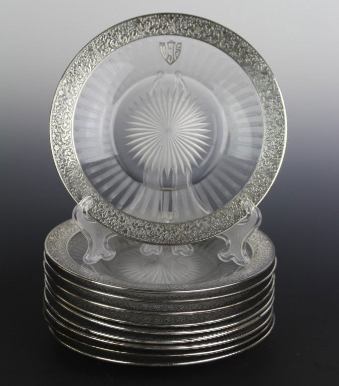 SET 10 Sterling Silver 925 Overlay 8" Dessert Plates: Set Of 10 Sterling Silver Overlay Dessert Plates. Crafted Of Fine Quality Cut Glass With Ornate Sterling Silver Overlay Design Around The Rims. Marked Sterling On Rims Backside. Each Measures Approxim