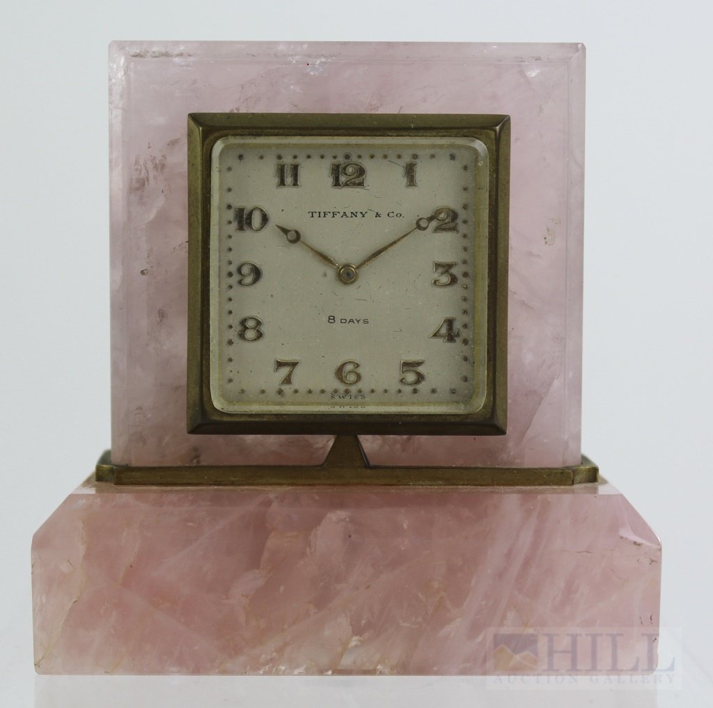 Tiffany & Co Pink Rose Quartz Art Deco Travel Clock: Antique Art Deco era Tiffany & Co travel clock. Cased in genuine Rose Quartz. 8 day mechanical wind ULYSSE NARDIN movement (needing repair) Measures 3 1/2" x 3 1/4" x 1 1/2" . In House USA Shipping $3