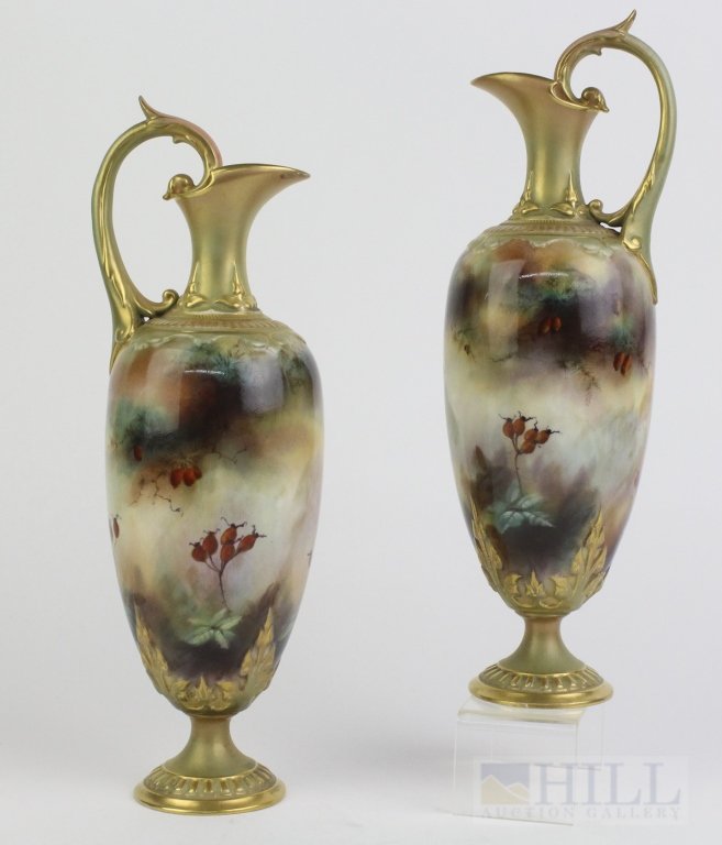 PAIR of Royal Worcester CY WHITE Peacock 11.5" Ewers: Pair Of Royal Worcester Ewers. Crafted Of Fine Quality Hand Painted English Porcelain. Features Painted Scenes Of Elegant Figural Peacocks. Artist Signed Cy White, Marked With Royal Worcester Backstam