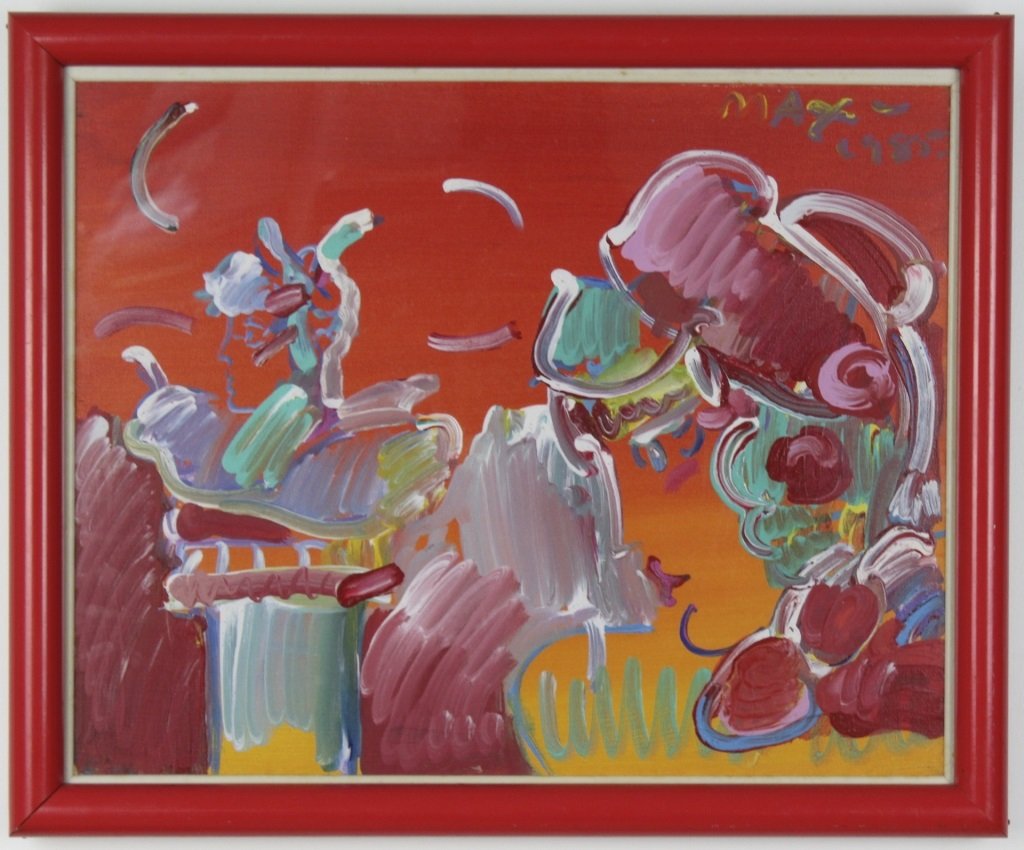 Signed PETER MAX Portrait Acrylic on Canvas Painting: Signed Peter Max (1937- ) double profiles portrait of a Lady . 100% Original Acrylic on Canvas Painting. Work Window 15 3/4" x 19 3/4" Frame 18 3/4" x 22 3/4" Signed and dated upper right. In House US