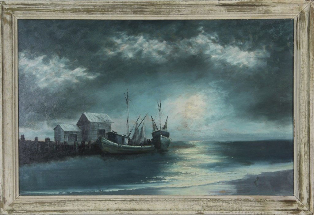 LIVINGSTON ROBERTS Florida Highwaymen Seascape Painting: Rare Florida Highwaymen oil painting on upson board by Livingston Roberts. Very unusual moonlit seascape with dock and fishing vessels. Original framing. Unsigned. Comes with a certificate of attribut