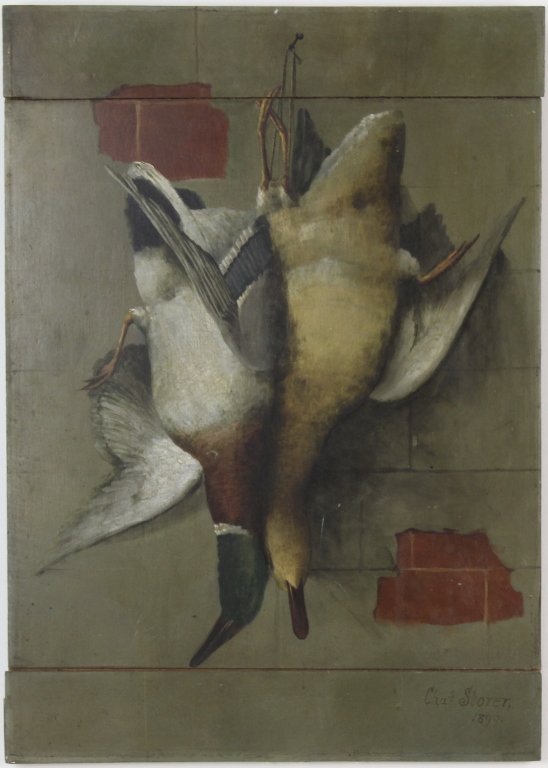 CHARLES STORER Still Life w Game Bird Oil Painting: Signed Charles Storer (1817-1907) still life oil on board painting. Depicts a hanging pair of game hunt birds. Very nice tromp l'oeil design. Signed lower right, dated 1899. Measures 23 3/4" x 16 3/4"
