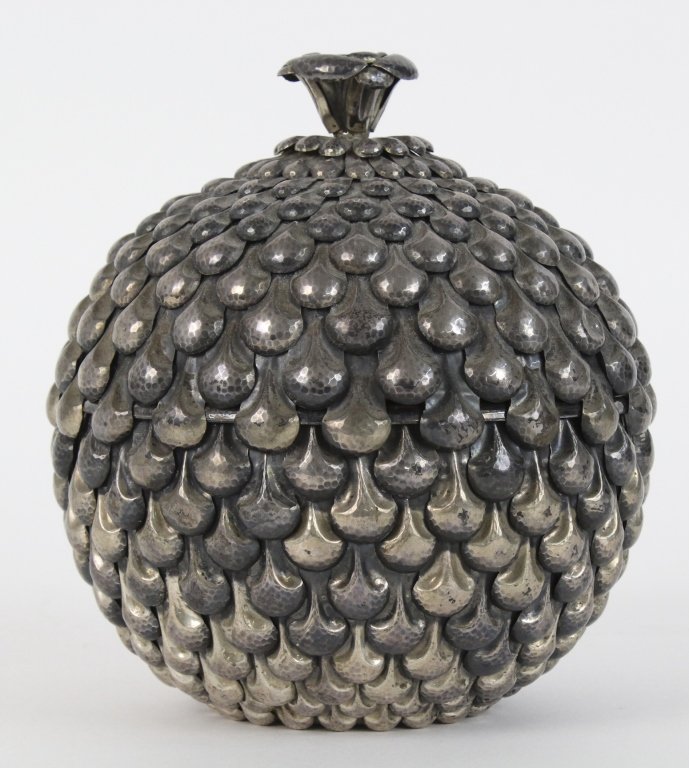 Vavassori Italian Sterling Silver Lidded Pine Cone Box: Rare Large Vavassori Silver Box. Crafted Of Fine Quality Sterling Silver. Features A Pine Cone Design With Wood Lined Lid. Measures Approximately 8" Height 6 1/2" Length. Total Weight 1575 Grams. In H