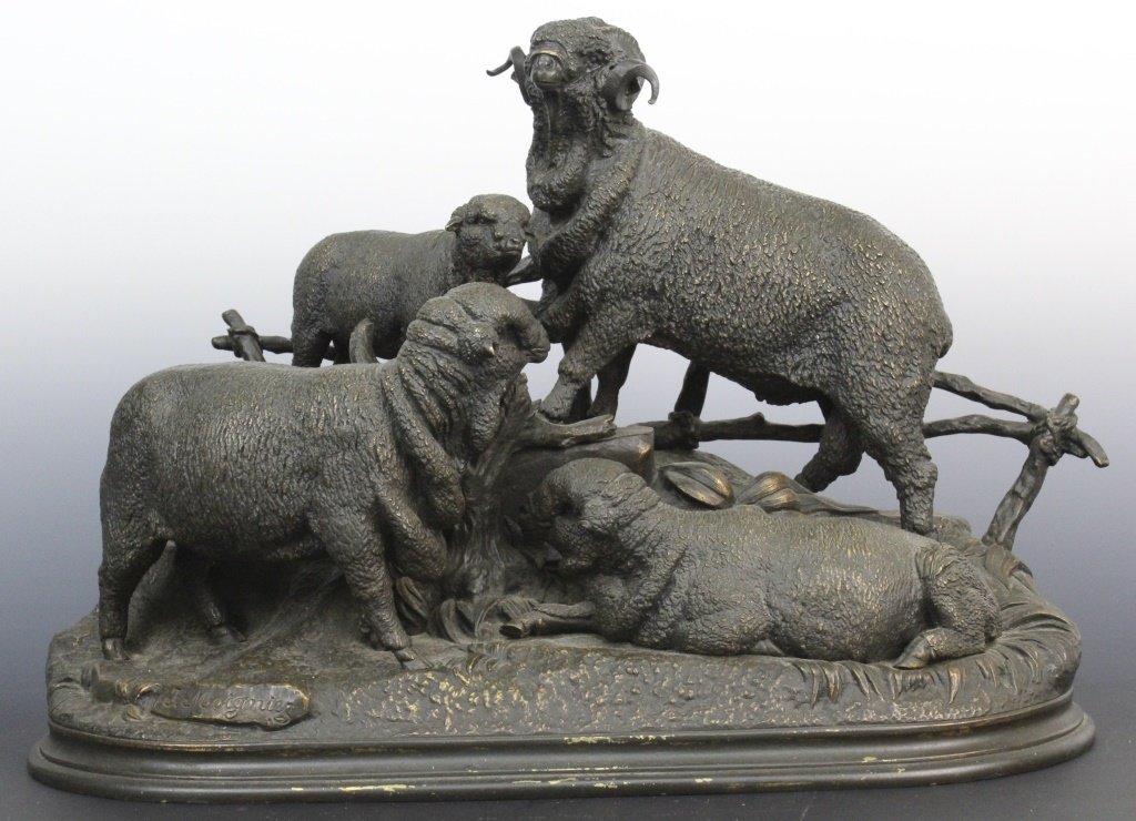 Jules MOIGNIEZ Ram Bronze Figural Grouping 16" Statue: Antique figural grouping of a Ram or Sheep family by Jules Moigniez. Cast bronze construction with very nice detailing and dark patina. Signed on the front. Measures 16" x 11 1/2". In House USA Shippi