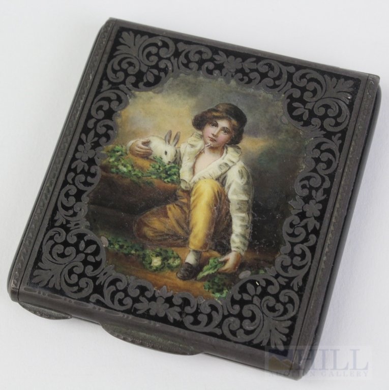 EARLY Sterling Silver Enamel Portrait Painting Compact: Antique sterling silver compact case. Features an enameled portrait of a young boy with rabbit. Black enamel with fancy engraved silver design. Fine Quality workmanship. Opens to reveal gilt interior 
