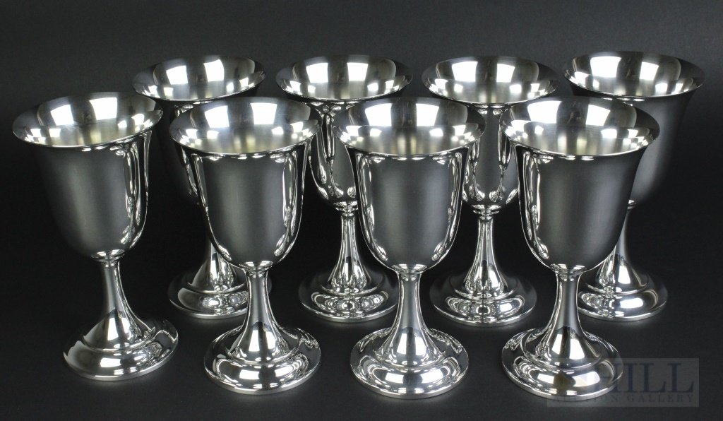 SET 8 ALVIN Gorham Sterling Silver Wine Chalice Goblets: Set of eight signed Alvin (Gorham) wine goblets. Crafted of Sterling Silver 925. Classical Georgian shape interpreted in the early 20th century. Each measures 5 1/2" Tall Total Weight 1,030 grams. In 