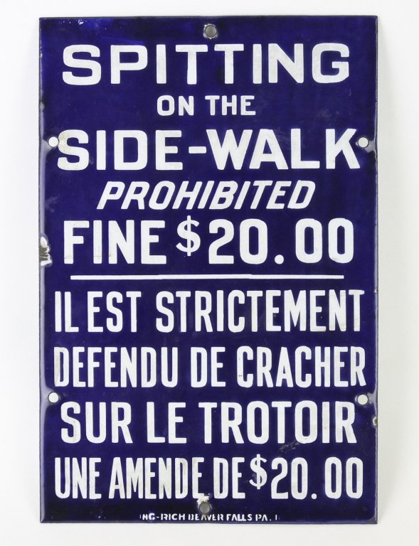 Antique Porcelain Spitting On Sidewalk Prohibited Sign: Vintage Spitting On The Side-Walk Prohibited Porcelain Sign. Cobalt Blue Painted Metal. Fine $20. Sign Is Written In English And French History : Removed From College Hills P & LE Train Station In Ric