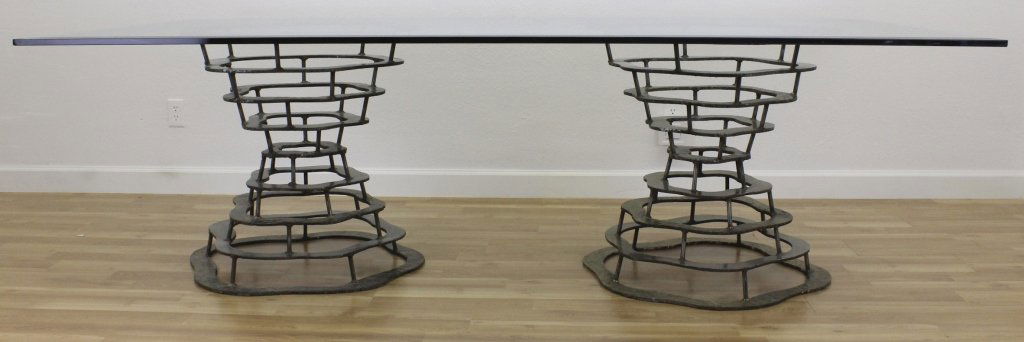 SILAS SEANDEL Brutalist Cyclone MCM Modern Dining Table: Rare SIGNED mid century modern brutalist dining table by Silas Seandel. Welded mixed metals double pedestal design with thick glass top. Each pedestal measures 28.5" x 29" Glass 95.5" x 47.75" . Conte