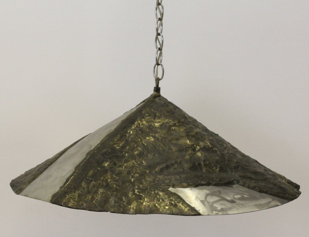 Silas Seandel Mixed Metals Brutalist Light Fixture: Rare signed Silas Seandel hanging light fixture. Great mid century modern design crafted of Brutalist style mixed metals.Contemporary of Paul Evens. Measures 8" x 24". In House USA Shipping $200 USD P