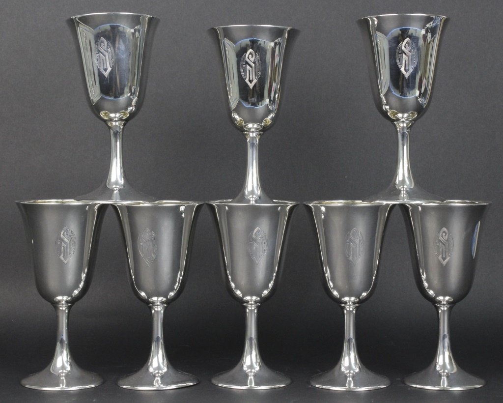 Set Of Eight 8 Sterling Silver 925 Wine Chalice Goblets: Set Of Eight Silver Wine Goblets. All Crafted Of Fine Qualtiy Sterling Silver. All Monogrammed. Each Measures Approximately 6 1/2" x 3 1/2". All Marked Sterling. Total Weight 1006 Grams. In House USA 