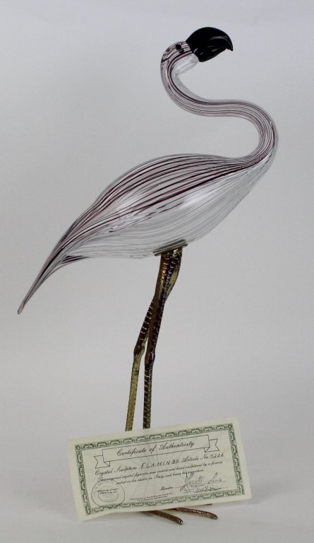 LARGE Licio Zanetti Murano Art Glass Flamingo Sculpture: Large Licio Zanetti Flamingo Sculpture. Crafted Of Fine Quality Italian Art Glass. Large Hand Blown Glass With Brass Legs And Feet. Measures Approximately 24" Height 14" Length. Signed Zanetti. Comes 