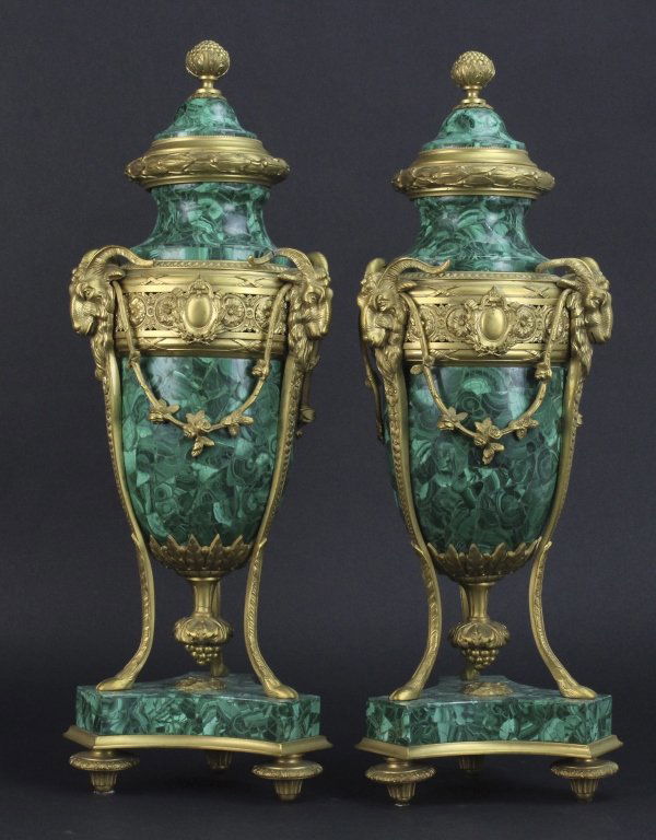 Pair Russian Style Bronze Mounted Malachite Urns (1 of 10)