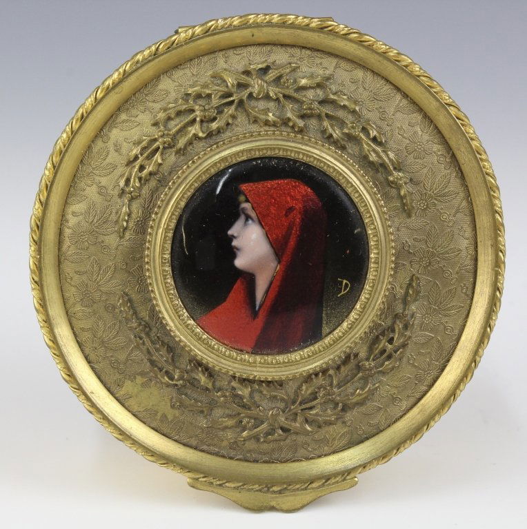 French Style Gilt Bronze Round Enamel Portrait Box (1 of 7)