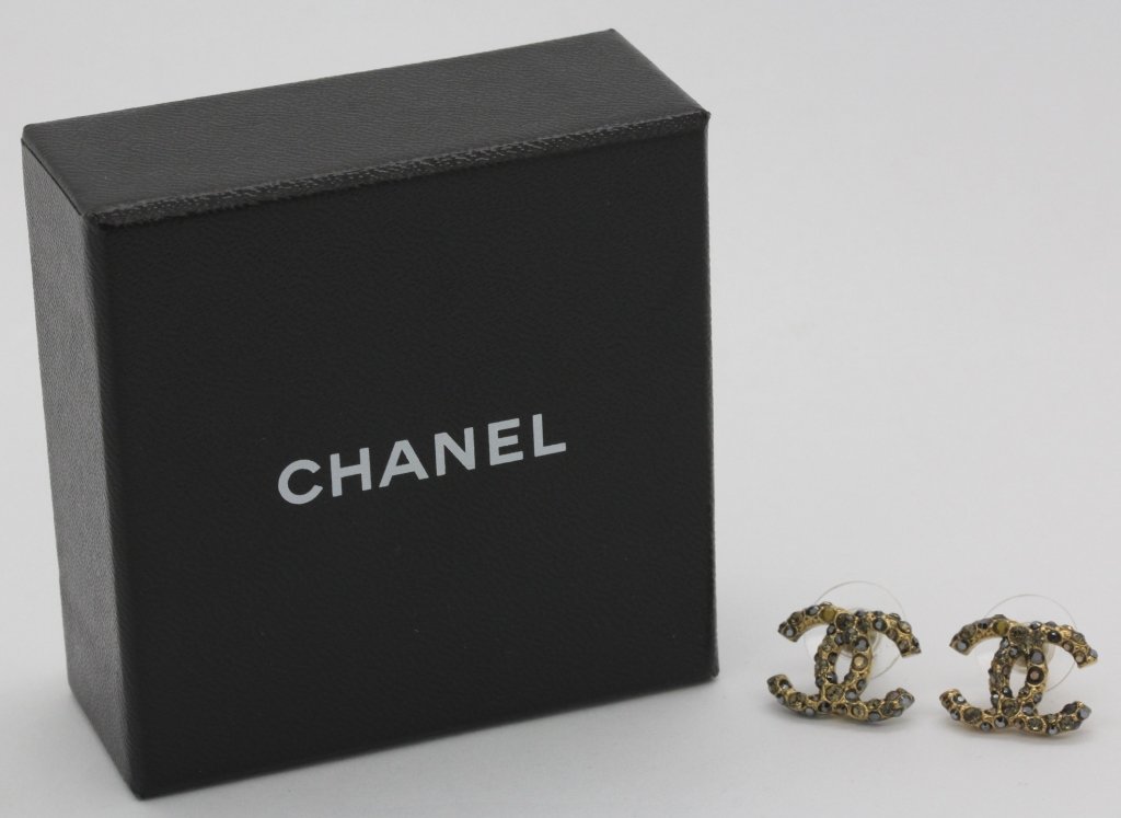 Signed CHANEL Champagne Crystal CC Logo Earrings (1 of 6)