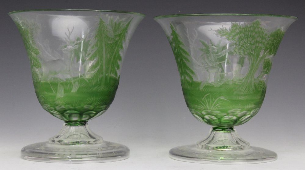 Pair MOSER Cameo Intaglio Green Glass Scenic Vases (1 of 8)