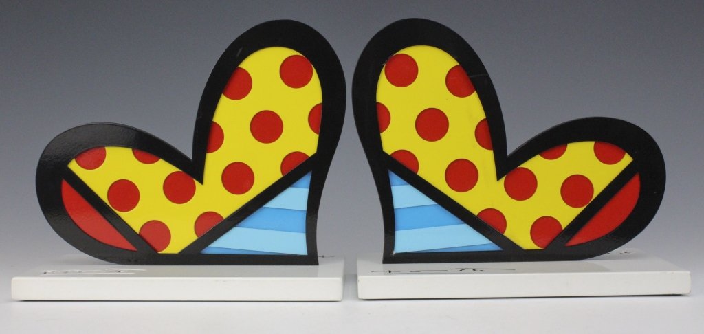 Signed Pair Romero Britto Metal Heart Sculptures (1 of 7)