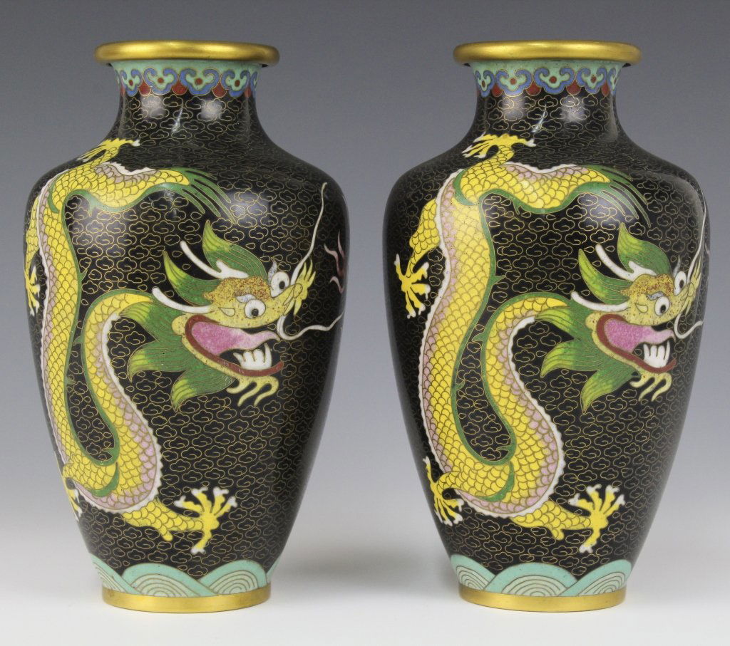 Pair Chinese Cloisonne Enamel Yellow Dragon Vases (1 of 8)
