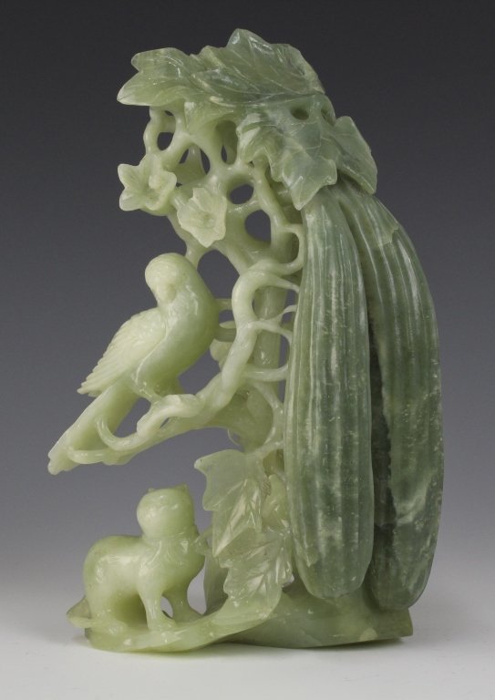 Chinese Carved Celadon Jade Cucumber Bird Statue (1 of 10)