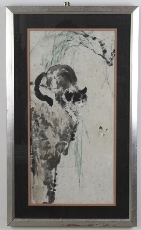 Chinese Cat Chasing Butterfly Watercolor Painting (1 of 6)