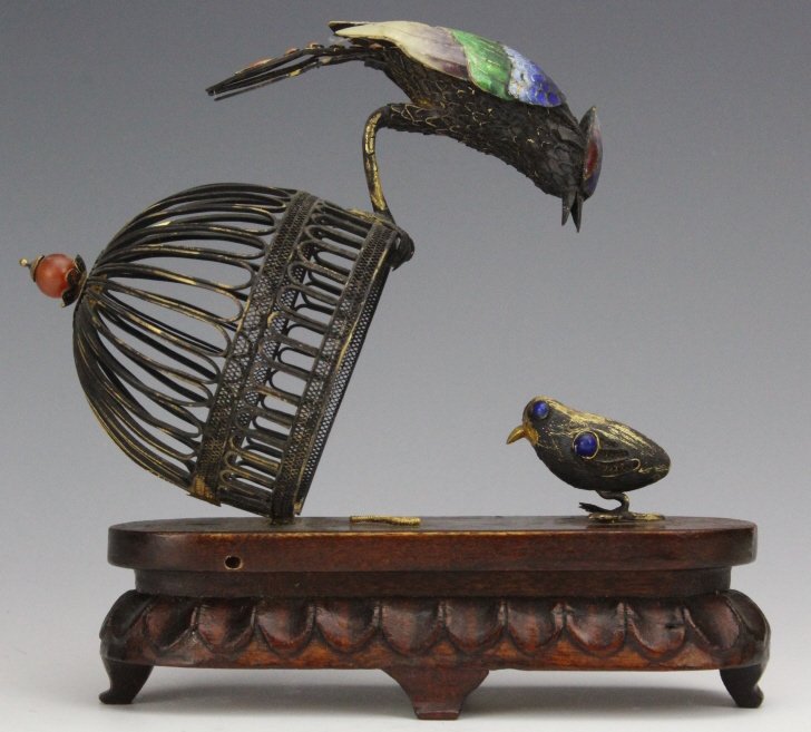 Chinese Gilt Silver Cloisonne Bird w Cage Figurine (1 of 7)