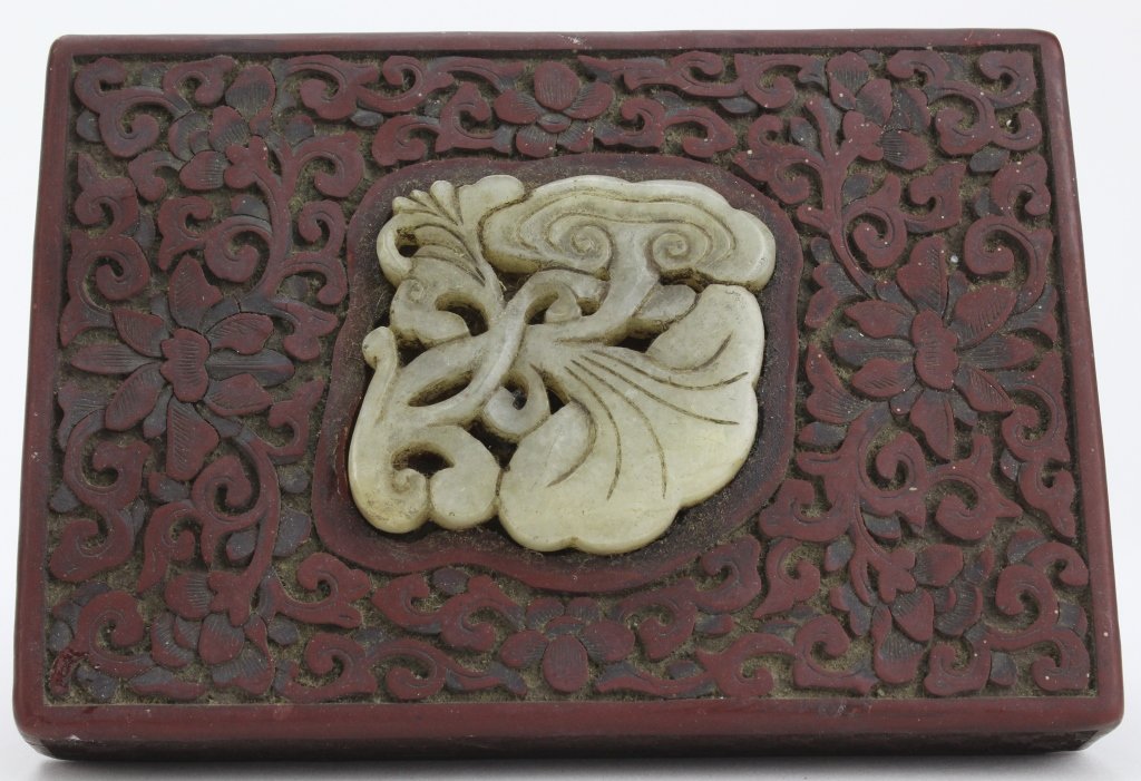 Antique 19th C Chinese Carved Cinnabar Jade Box (1 of 8)