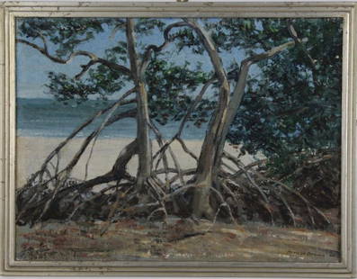 Horace Brown Mangroves 1946 Oil Board Painting: Nice work by Horace Brown (1876-1949 Vermont / Illinois). Titled MANGROVES on verso. Oil on artist board. Depicts a mangrove tree on the shore line. Signed and dated lower right. Signed and titled on