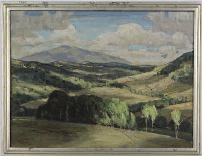 Horace Brown Vermont Hilly Landscape Oil Painting: Vermont Landscape painting by Horace Brown (1876-1949 Vermont / Illinois). Oil on artist board. Depicts a hilly landscape. Signed lower right, dedication lower left. Housed in a period frame. Board