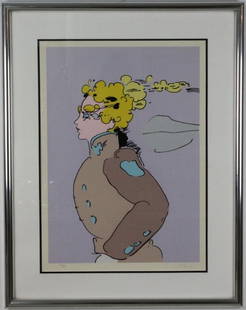 Signed PETER MAX Movement East Serigraph L/E S/N: Vintage signed Peter Max (Finkelstein 1938- NYC) serigraph print. "Movement East" shows a young person in buttoned up military style jacket with the psychedelic winds blowing through their blonde